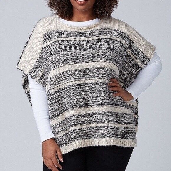 Lane Bryant Womens Short Knit Poncho Sweater OS One Size Palomino Tan Black  New - Picture 1 of 11